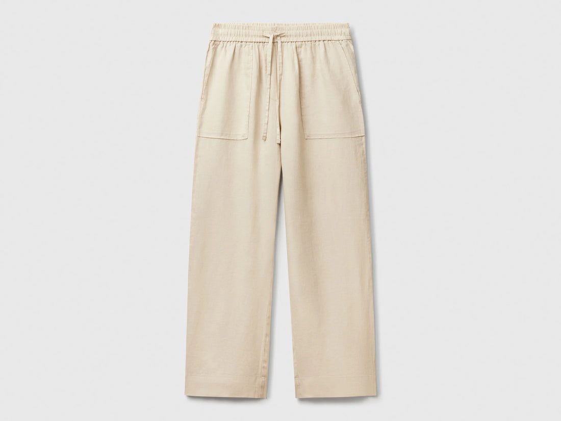 Benetton Beige Women Trousers in Pure Linen with Elastic SKU: 4AGHDF08J_152 Image 01