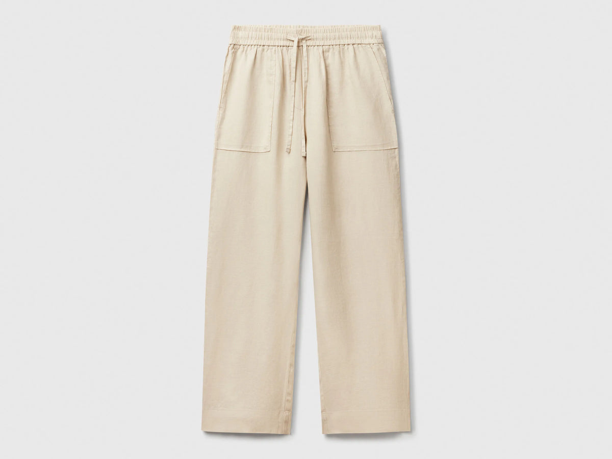 Benetton Beige Women Trousers in Pure Linen with Elastic SKU: 4AGHDF08J_152 Image 01