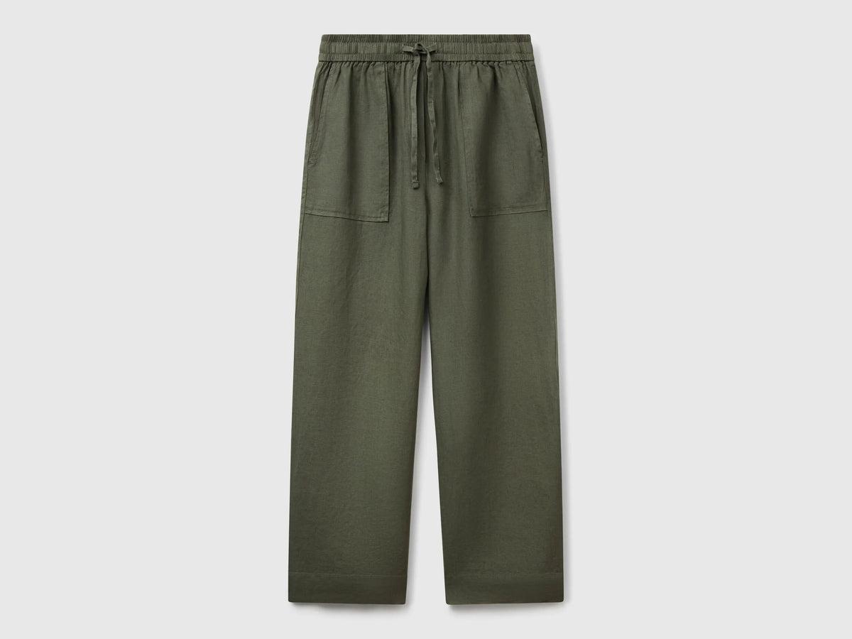 Benetton Military Green Women Trousers in Pure Linen with Elastic SKU: 4AGHDF08J_20W Image 01