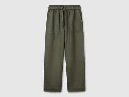 Benetton Military Green Women Trousers in Pure Linen with Elastic SKU: 4AGHDF08J_20W Image 01