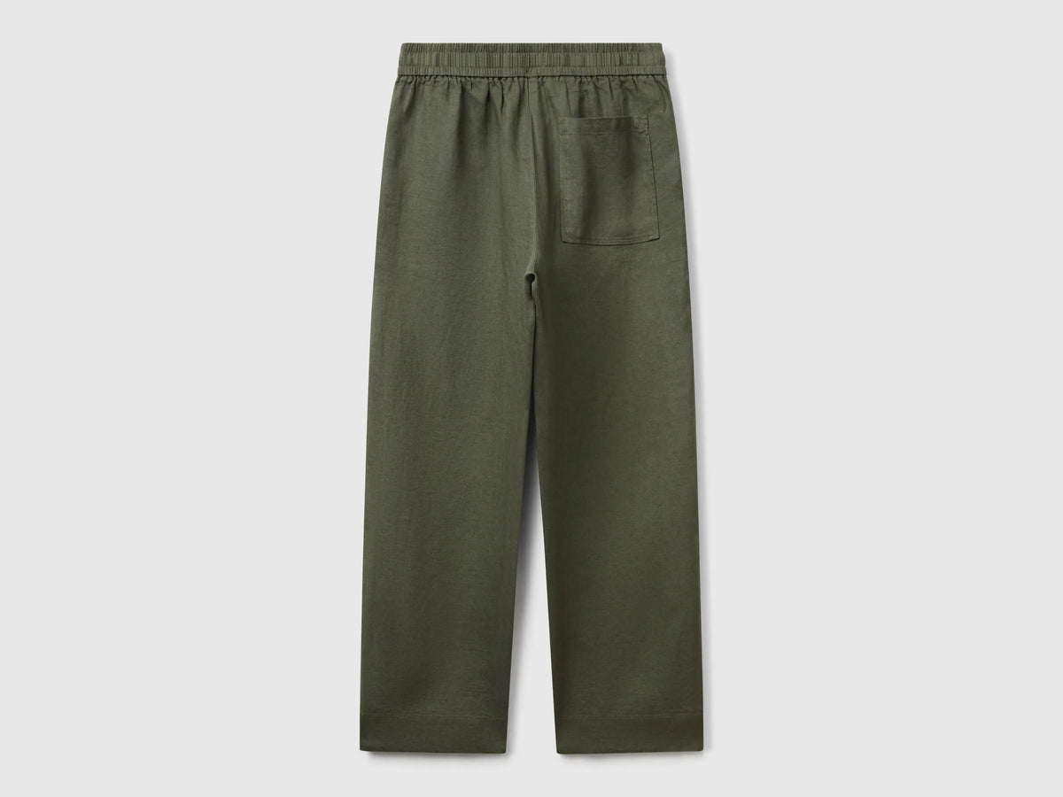 Benetton Military Green Women Trousers in Pure Linen with Elastic SKU: 4AGHDF08J_20W Image 02