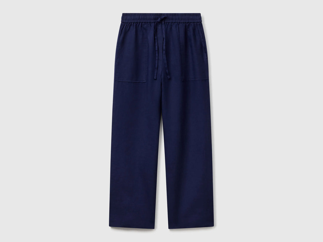 Benetton Dark Blue Women Trousers in Pure Linen with Elastic SKU: 4AGHDF08J_252 Image 01