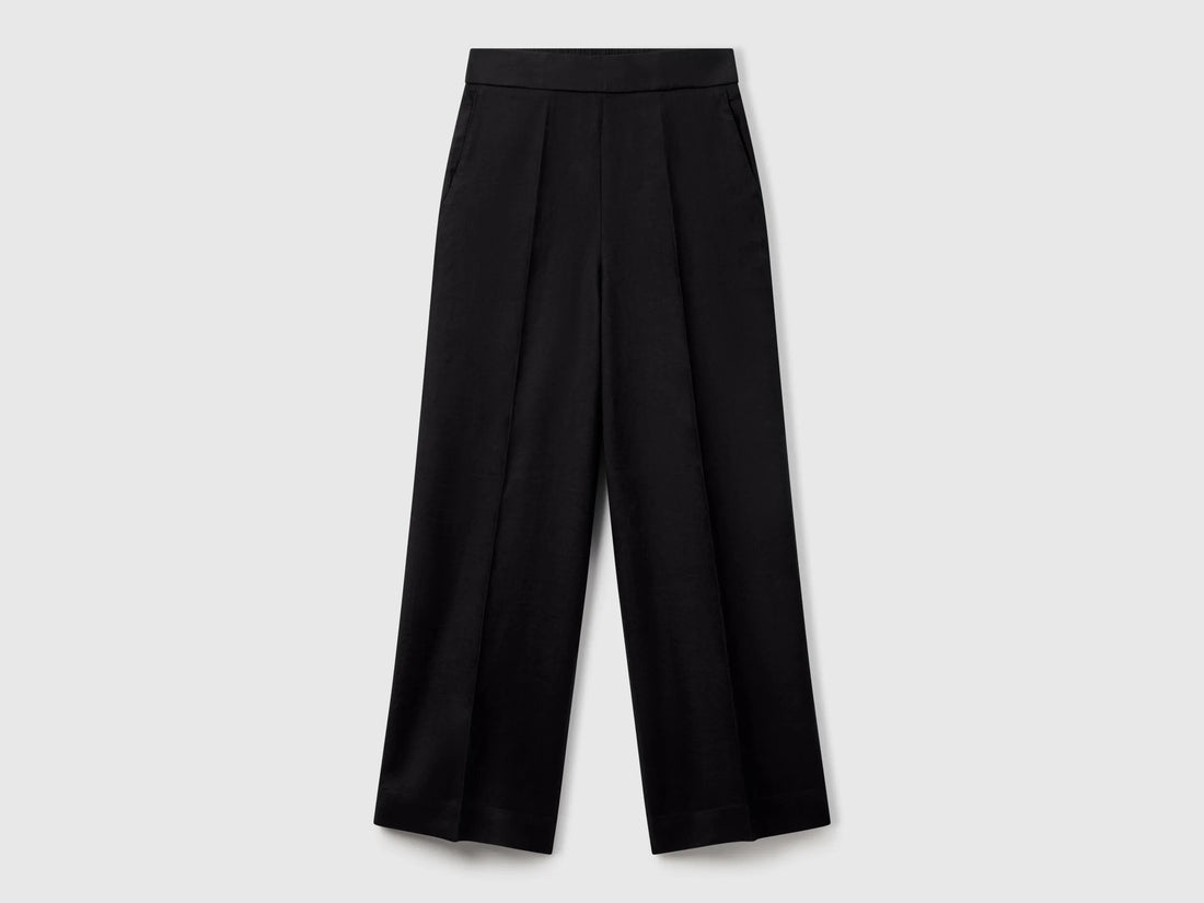Benetton Black Women Palazzo Trousers in 100% Linen SKU: 4AGHDF08K_100 Image 01