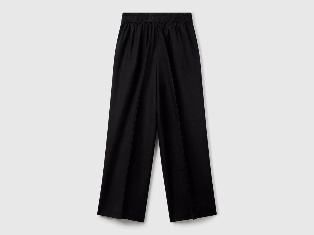 Benetton Black Women Palazzo Trousers in 100% Linen SKU: 4AGHDF08K_100 Image 02
