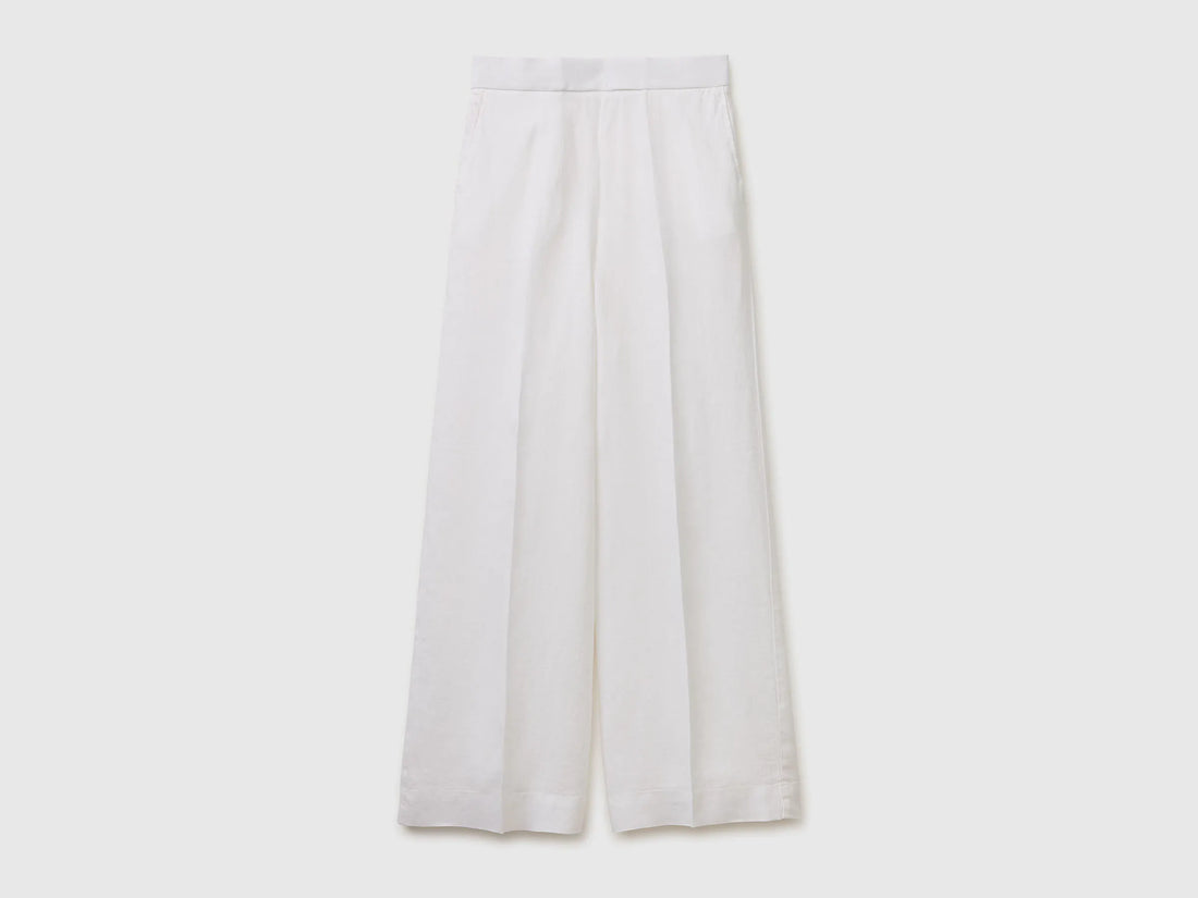 Benetton White Women Palazzo Trousers in 100% Linen SKU: 4AGHDF08K_101 Image 01
