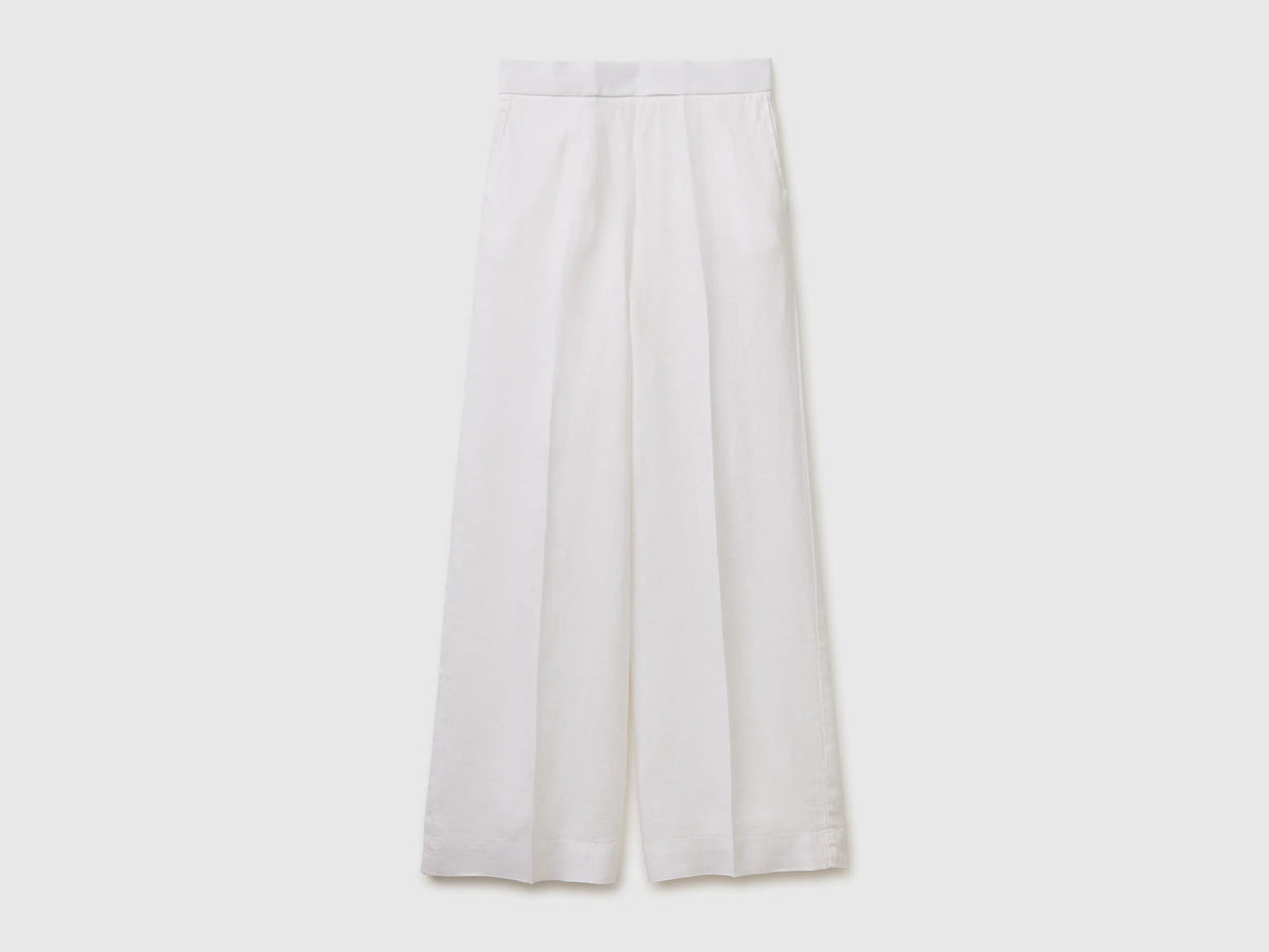 Benetton White Women Palazzo Trousers in 100% Linen SKU: 4AGHDF08K_101 Image 01