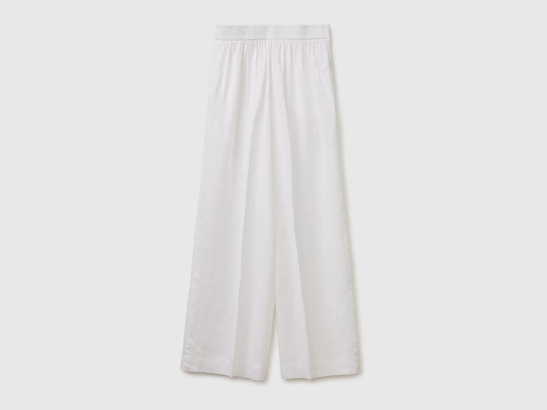 Benetton White Women Palazzo Trousers in 100% Linen SKU: 4AGHDF08K_101 Image 02