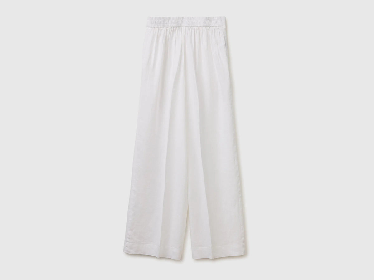 Benetton White Women Palazzo Trousers in 100% Linen SKU: 4AGHDF08K_101 Image 02