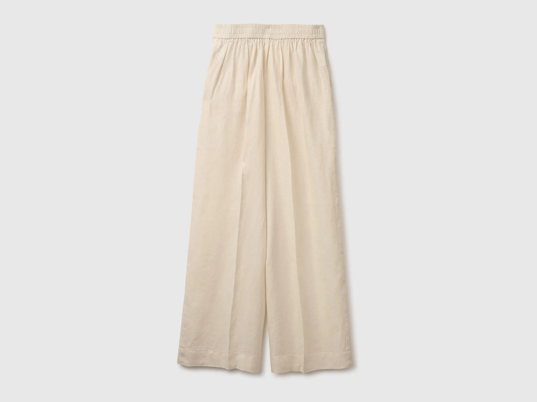 Benetton Beige Women Palazzo Trousers in 100% Linen SKU: 4AGHDF08K_152 Image 02