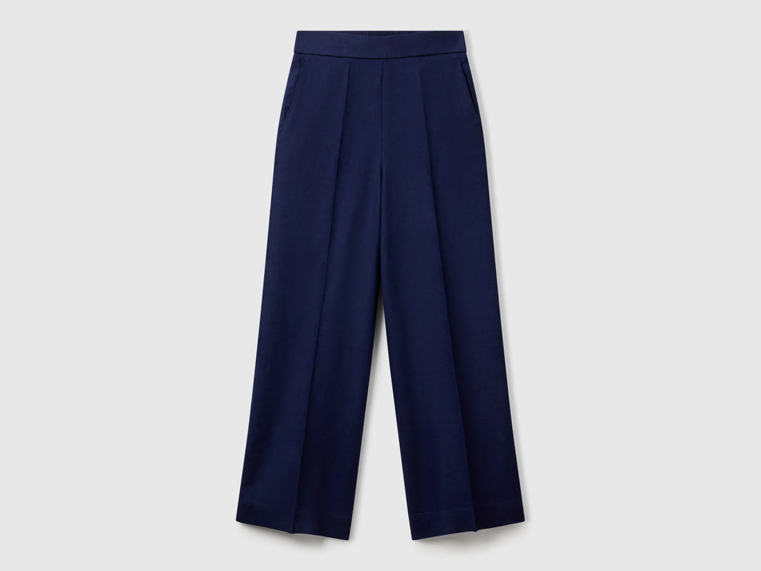 Benetton Dark Blue Women Palazzo Trousers in 100% Linen SKU: 4AGHDF08K_252 Image 01