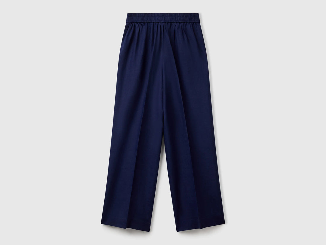 Benetton Dark Blue Women Palazzo Trousers in 100% Linen SKU: 4AGHDF08K_252 Image 02
