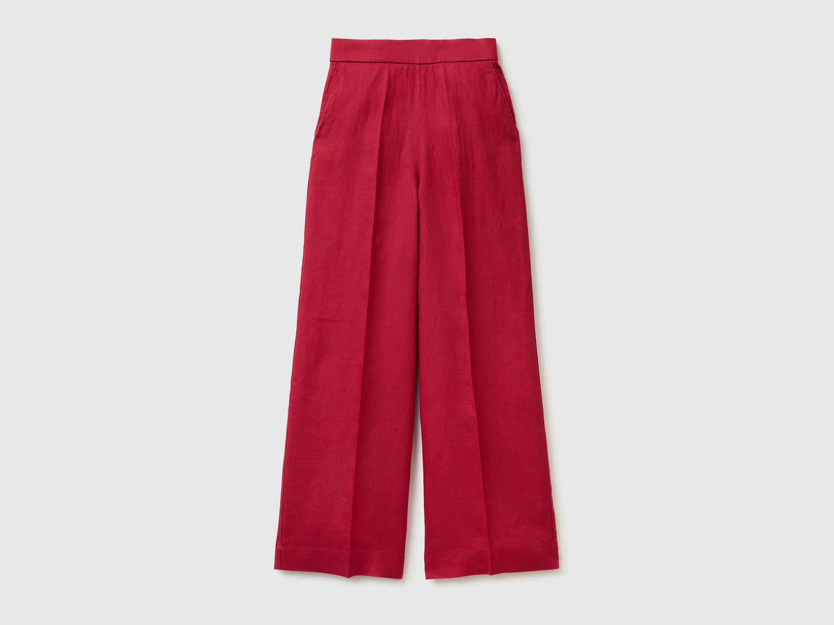 Benetton Strawberry Women Palazzo Trousers in Pure Linen SKU: 4AGHDF08K_2G1 Image 01