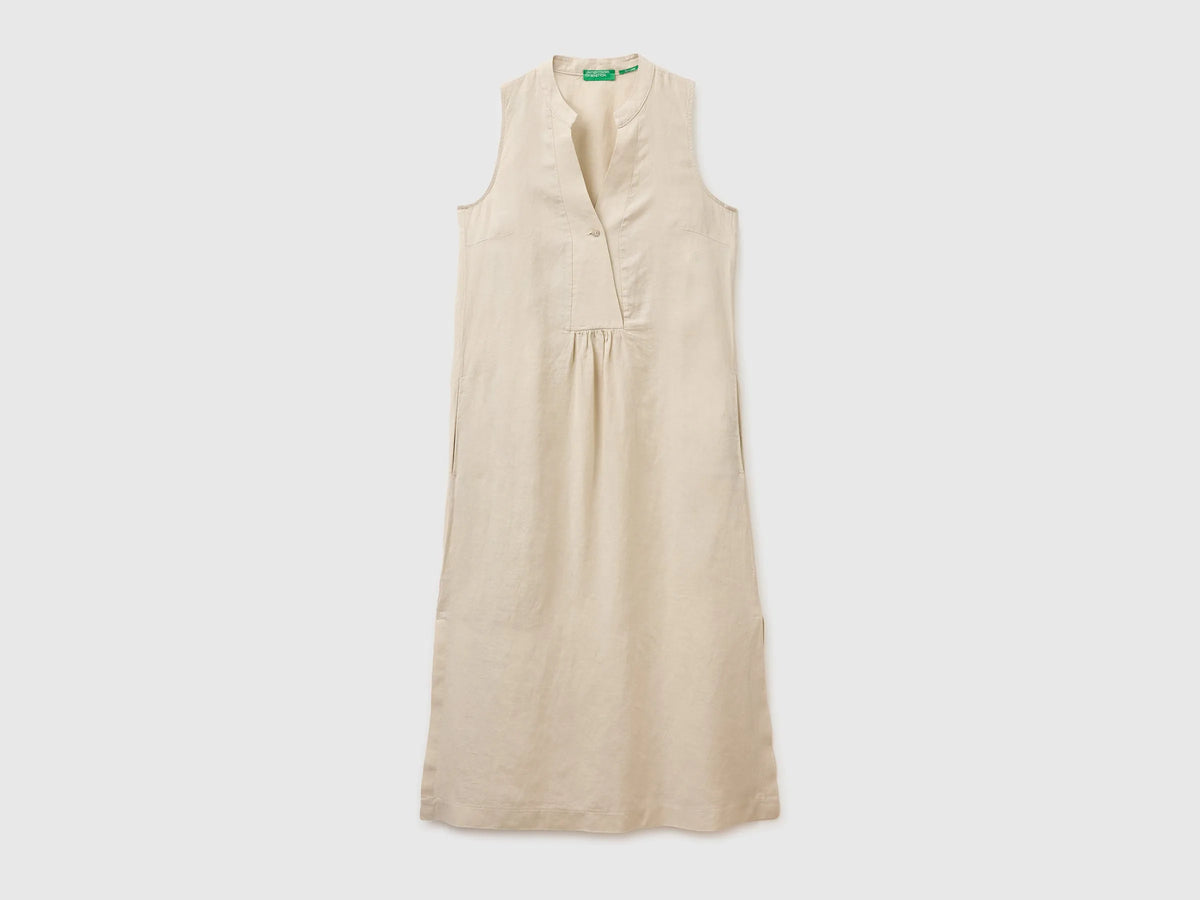 Benetton Beige Women Long Dress 100% Linen SKU: 4AGHDV0CD_152 Image 01