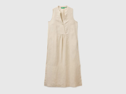 Benetton Beige Women Long Dress 100% Linen SKU: 4AGHDV0CD_152 Image 01