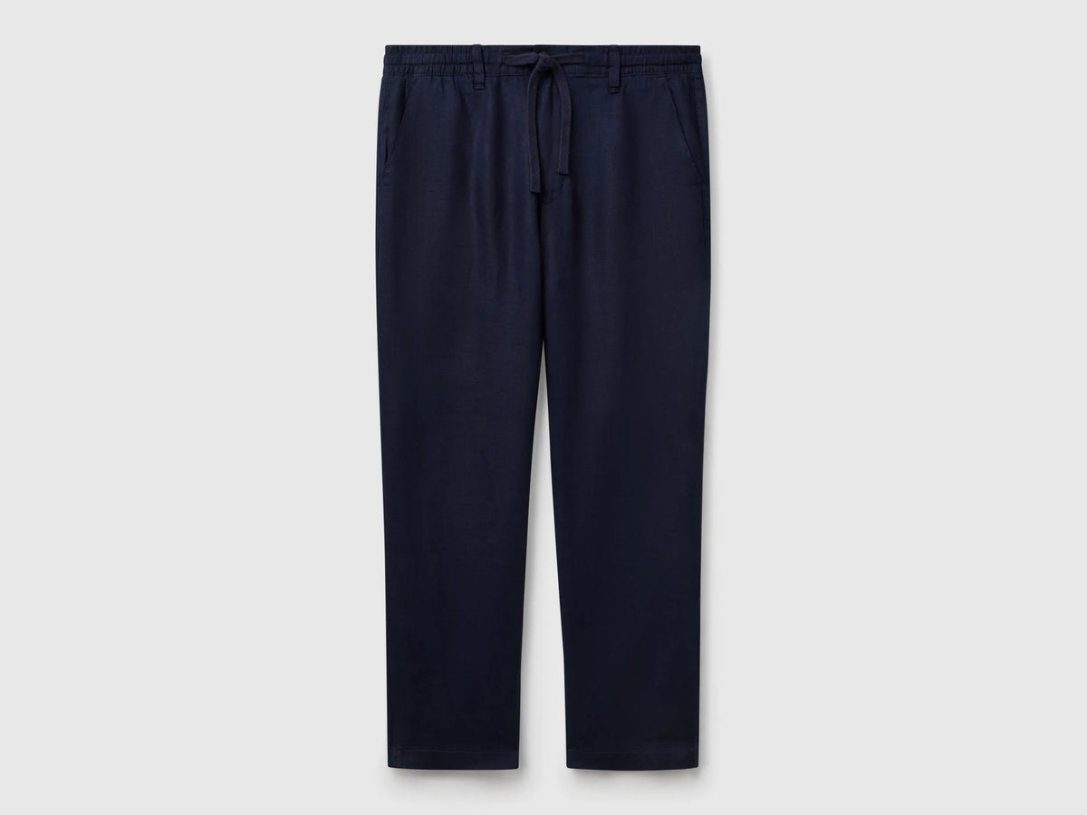 Benetton Dark Blue Men Trousers in Pure Linen with Drawstring SKU: 4AGHUF00M_016 Image 01