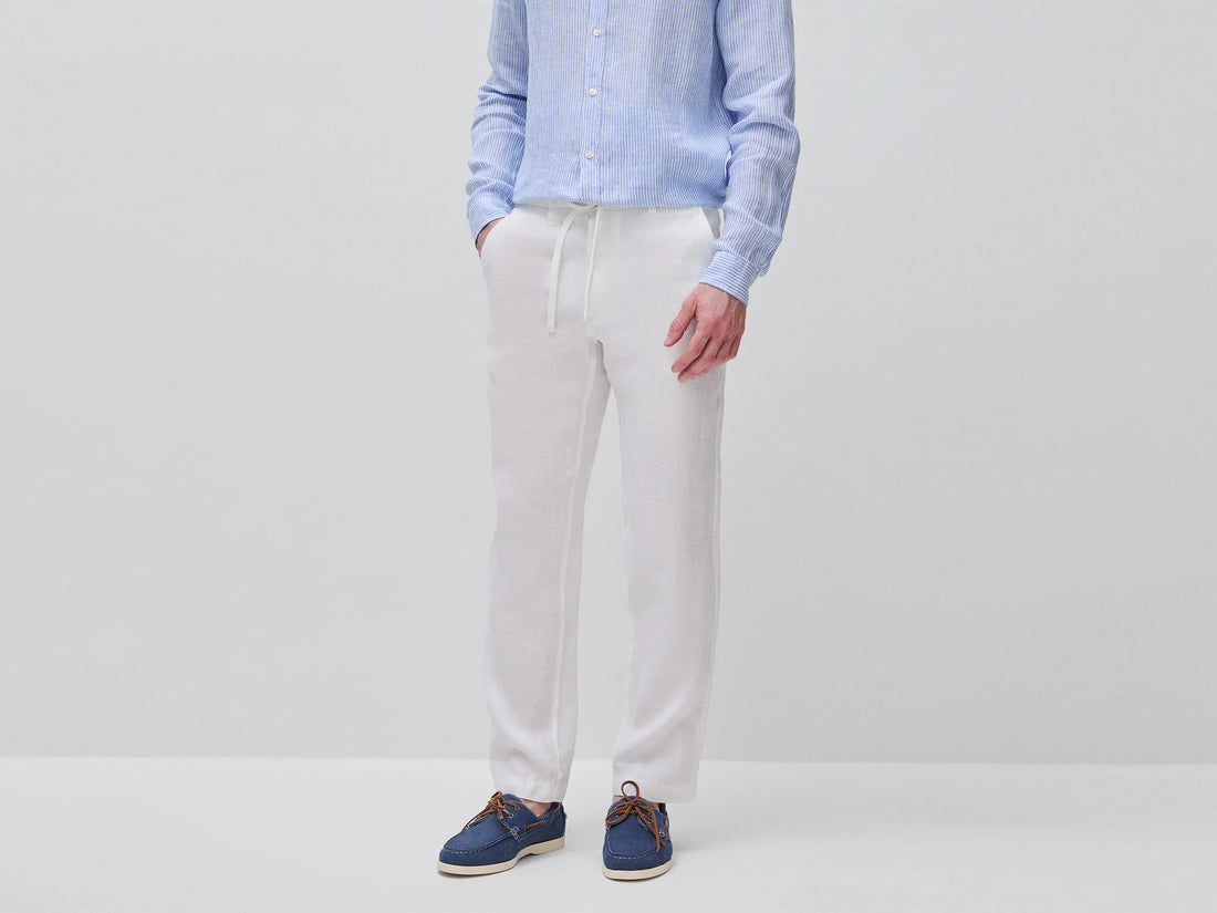 Benetton Creamy White Men Trousers in Pure Linen with Drawstring SKU: 4AGHUF00M_074 Image 01