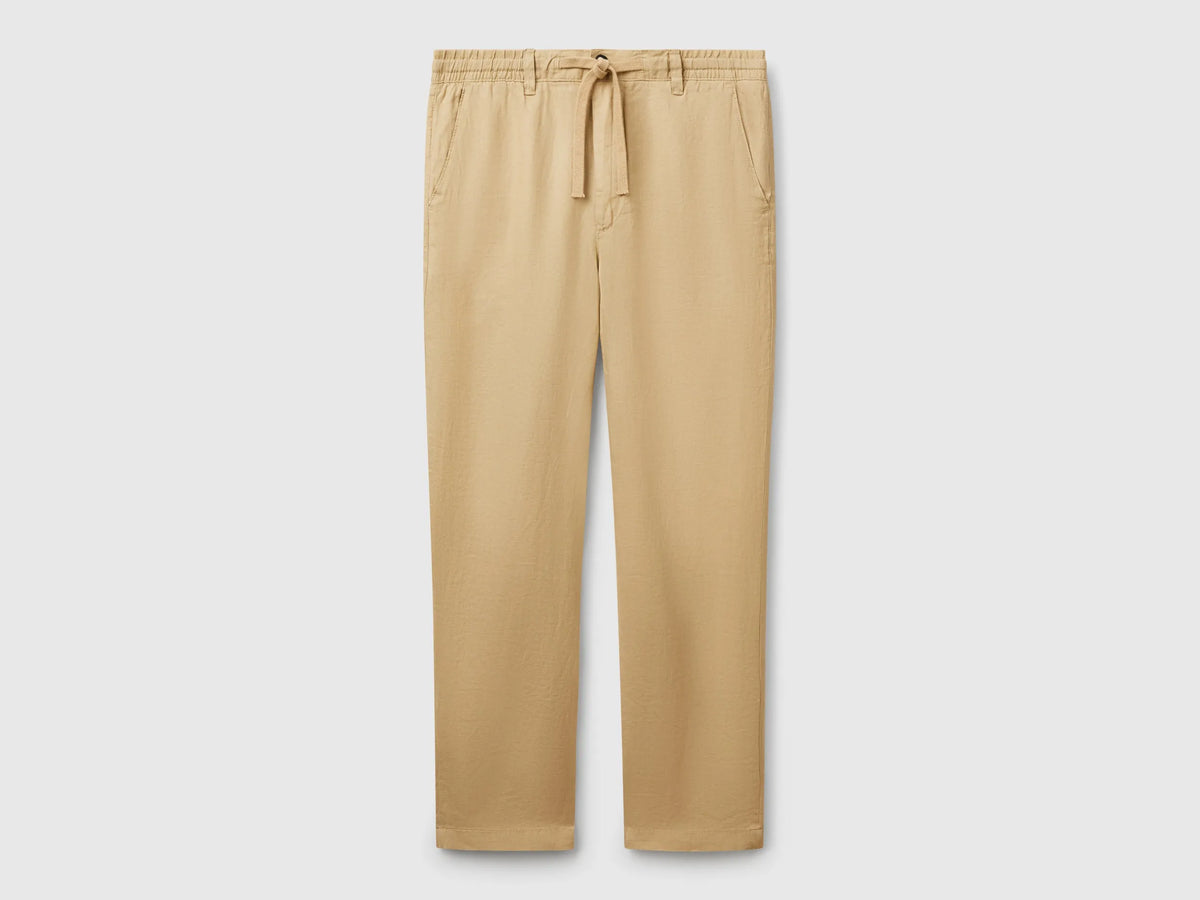 Benetton Camel Men Trousers in Pure Linen with Drawstring SKU: 4AGHUF00M_393 Image 01