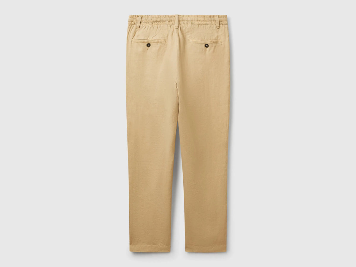 Benetton Camel Men Trousers in Pure Linen with Drawstring SKU: 4AGHUF00M_393 Image 02