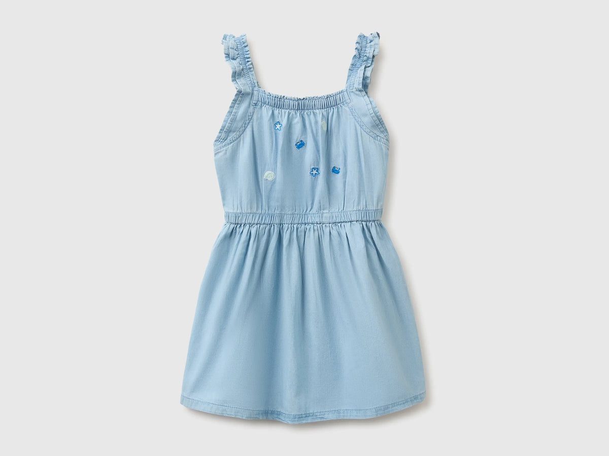 Benetton Blue Girls Chambray Dress with Embroidery SKU: 4DHJGV02W_901 Image 01
