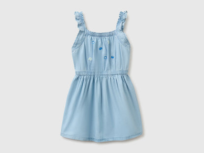 Benetton Blue Girls Chambray Dress with Embroidery SKU: 4DHJGV02W_901 Image 01