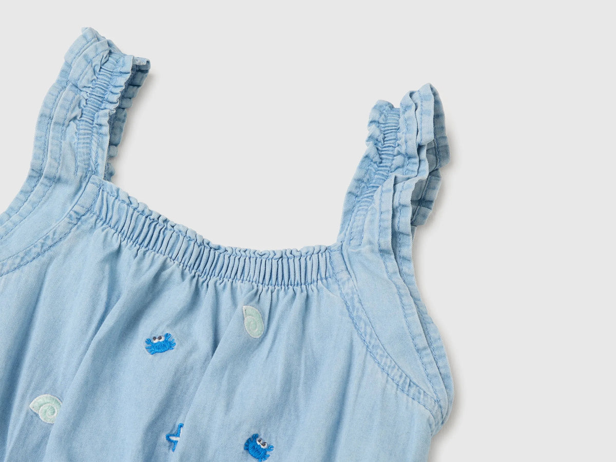 Benetton Blue Girls Chambray Dress with Embroidery SKU: 4DHJGV02W_901 Image 03