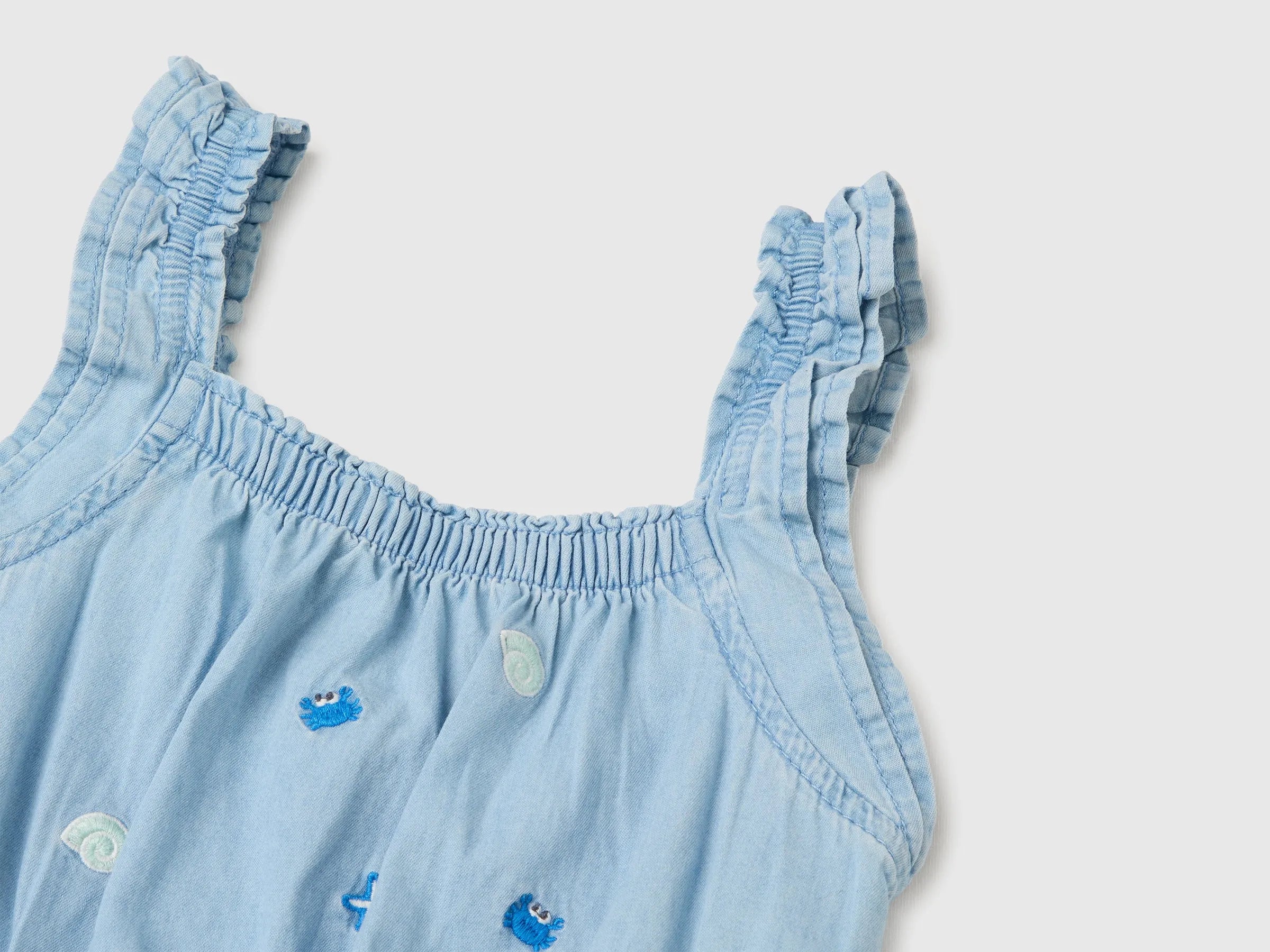 Benetton Blue Girls Chambray Dress with Embroidery SKU: 4DHJGV02W_901 Image 03