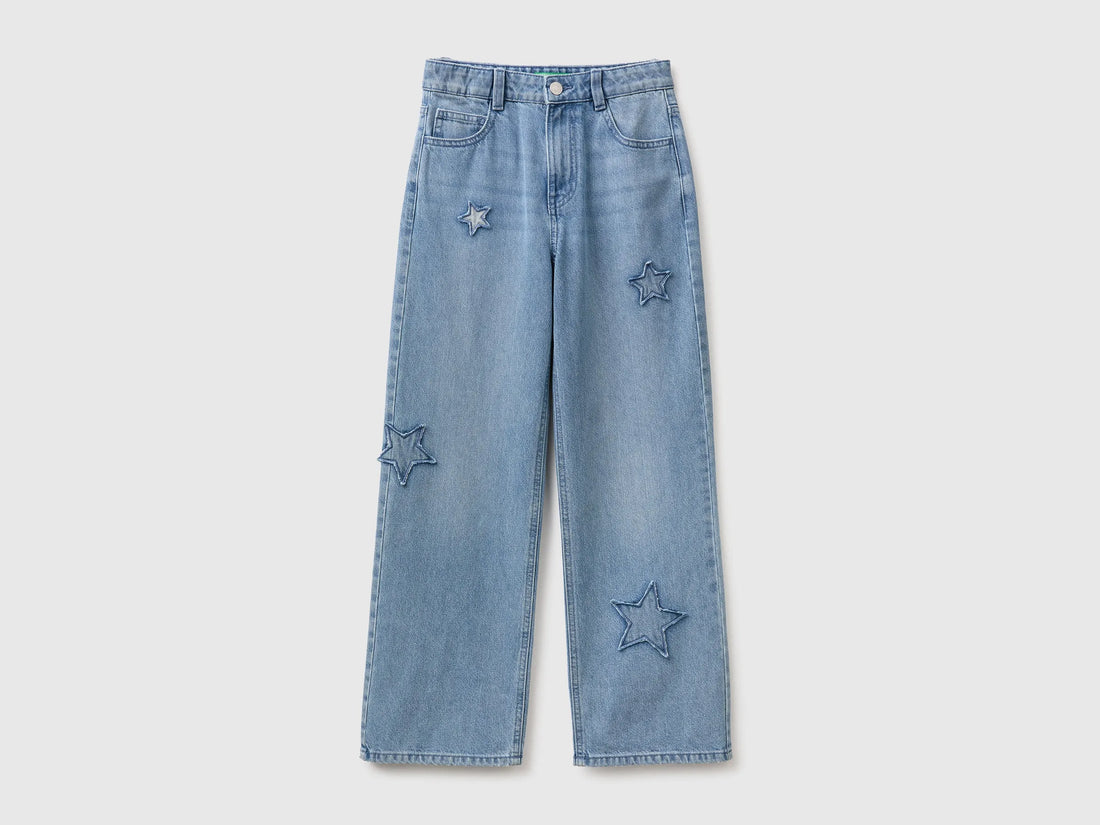 Benetton Light Blue Girls Straight Jeans with Stars SKU: 4DW2CE04U_902 Image 01