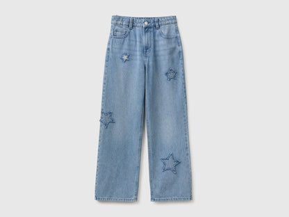 Benetton Light Blue Girls Straight Jeans with Stars SKU: 4DW2CE04U_902 Image 01