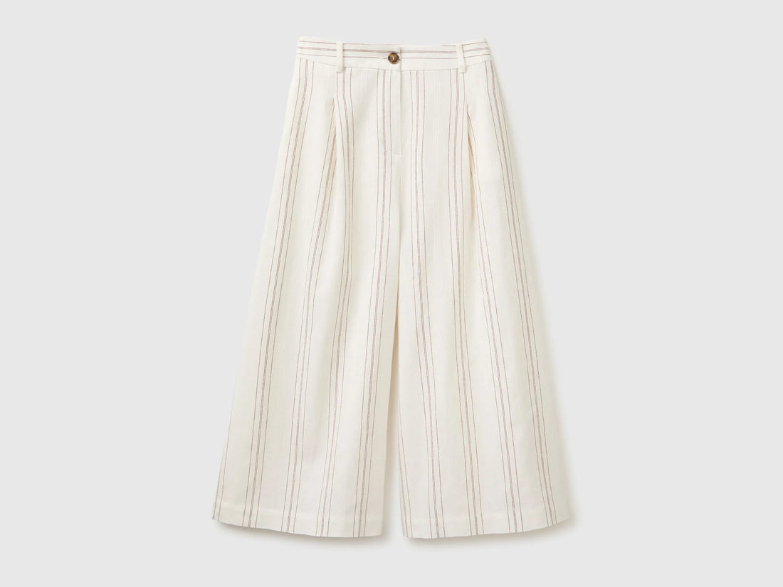 Benetton White Women Wide-Leg Striped Linen Blend Trousers SKU: 4K9FDF0BR_901 Image 01