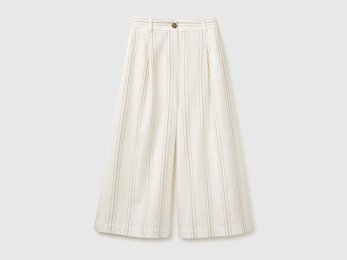 Benetton White Women Wide-Leg Striped Linen Blend Trousers SKU: 4K9FDF0BR_901 Image 01