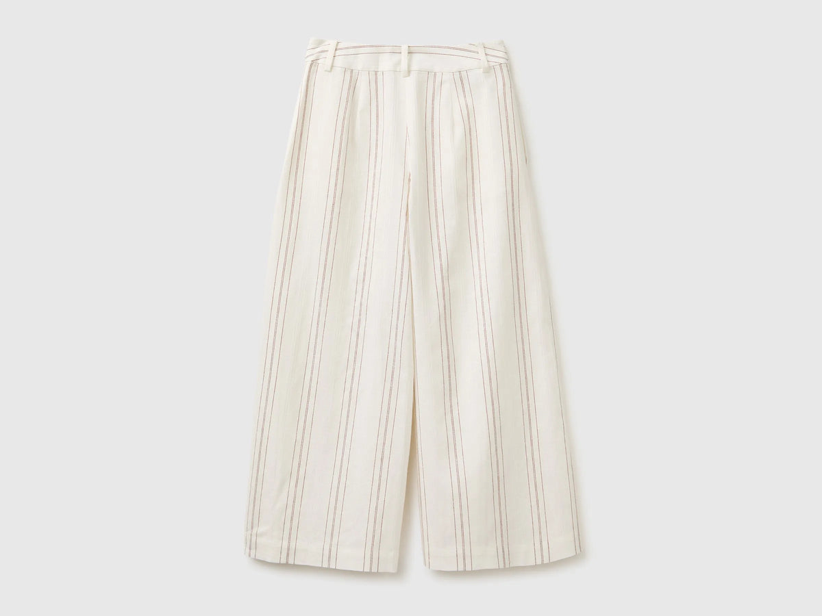 Benetton White Women Wide-Leg Striped Linen Blend Trousers SKU: 4K9FDF0BR_901 Image 02