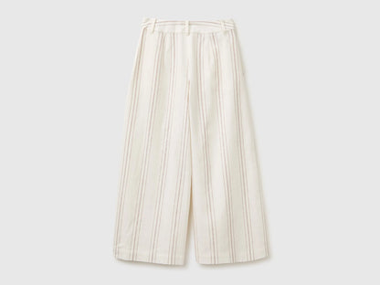 Benetton White Women Wide-Leg Striped Linen Blend Trousers SKU: 4K9FDF0BR_901 Image 02
