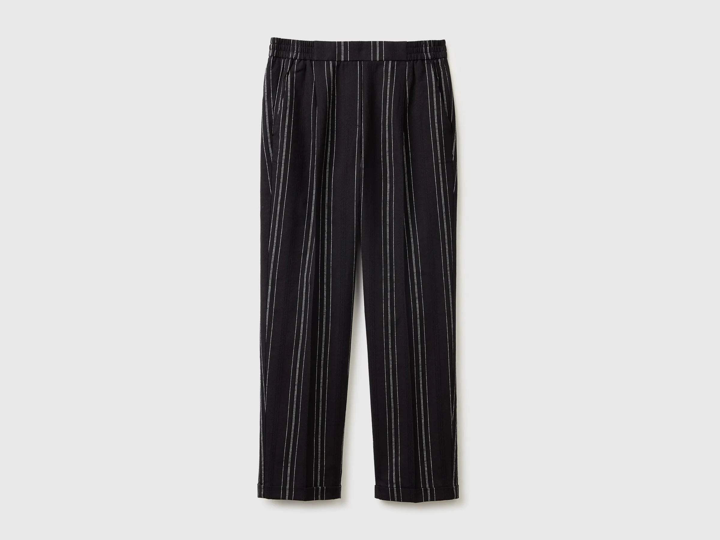 Benetton Black Women Striped Linen Blend Trousers SKU: 4K9FDF0BS_903 Image 01