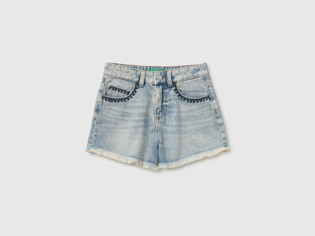 Benetton Light blue Girls Denim Shorts with Embroidery SKU: 4KEHC904O_901 Image 01