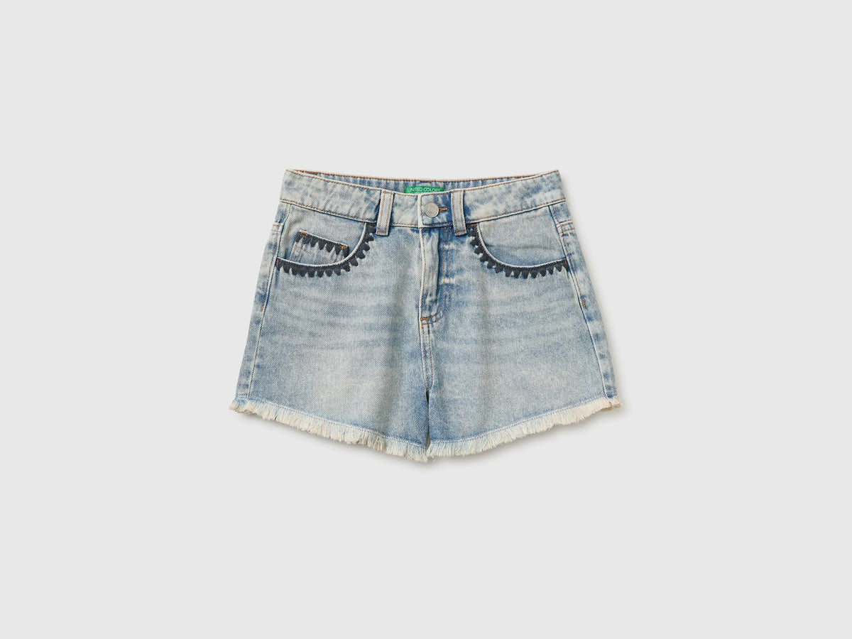 Benetton Light blue Girls Denim Shorts with Embroidery SKU: 4KEHC904O_901 Image 01