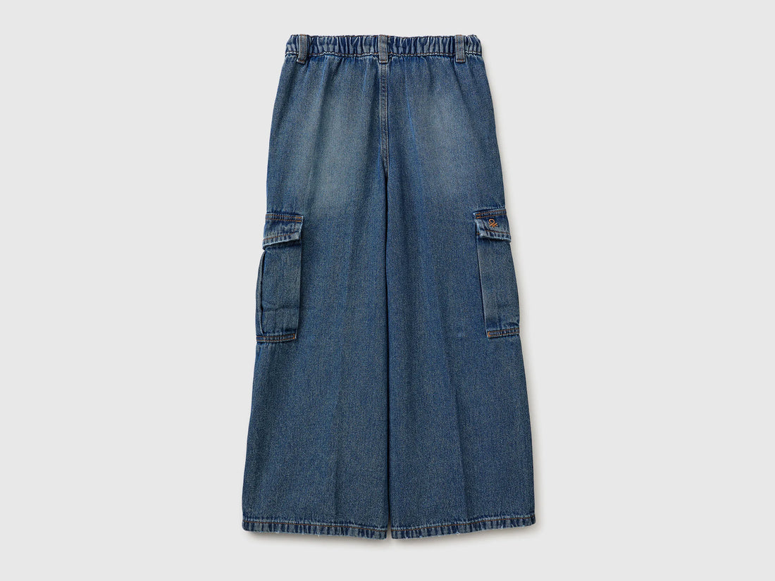 Benetton Blue Girls Wide-Fit Cargo Jeans SKU: 4KEHCF05I_901 Image 02