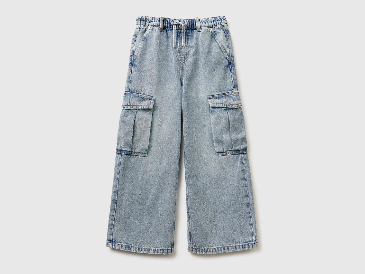Benetton Sky Blue Girls Wide-Fit Cargo Jeans SKU: 4KEHCF05I_902 Image 01