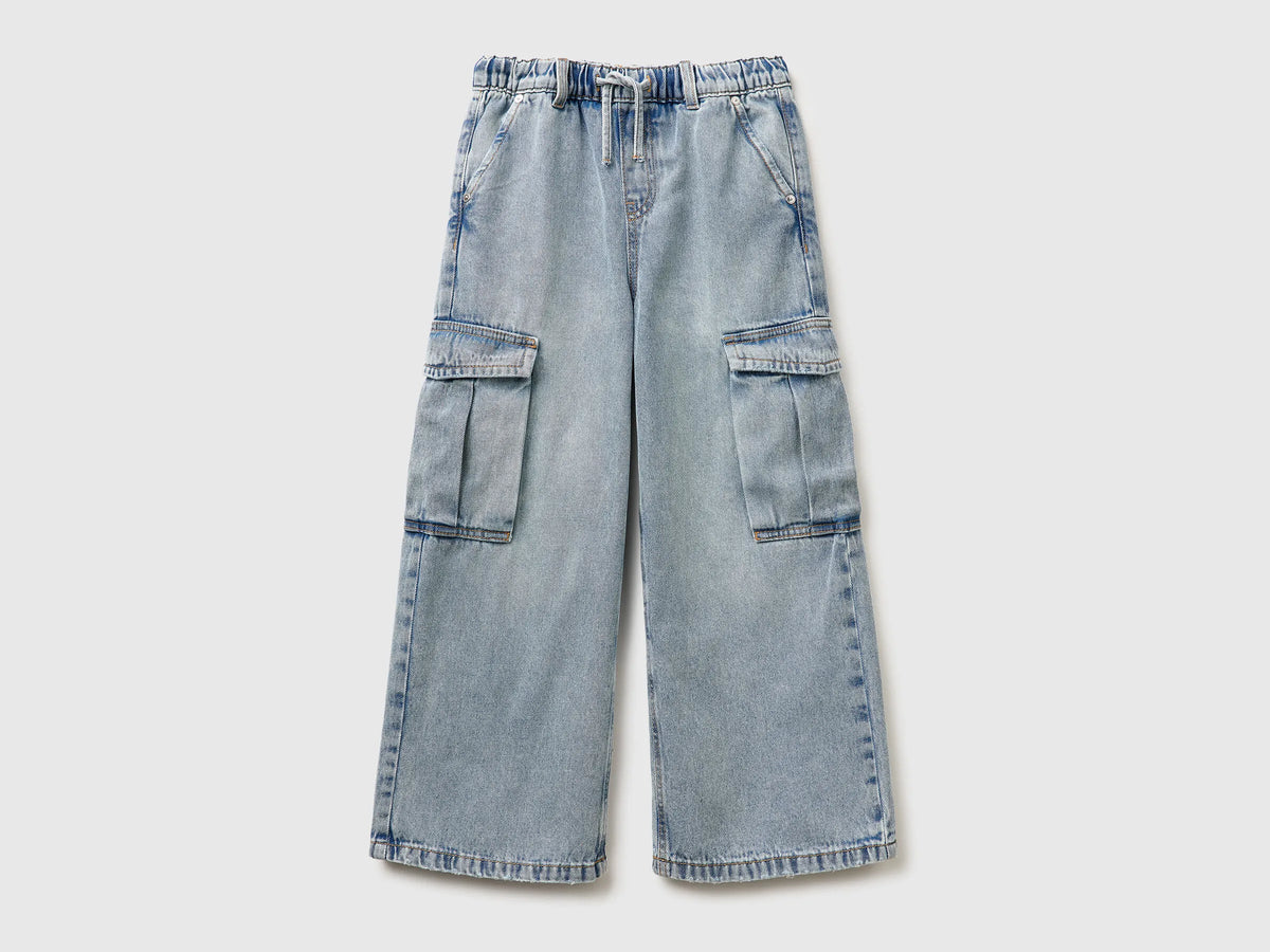 Benetton Sky Blue Girls Wide-Fit Cargo Jeans SKU: 4KEHCF05I_902 Image 01