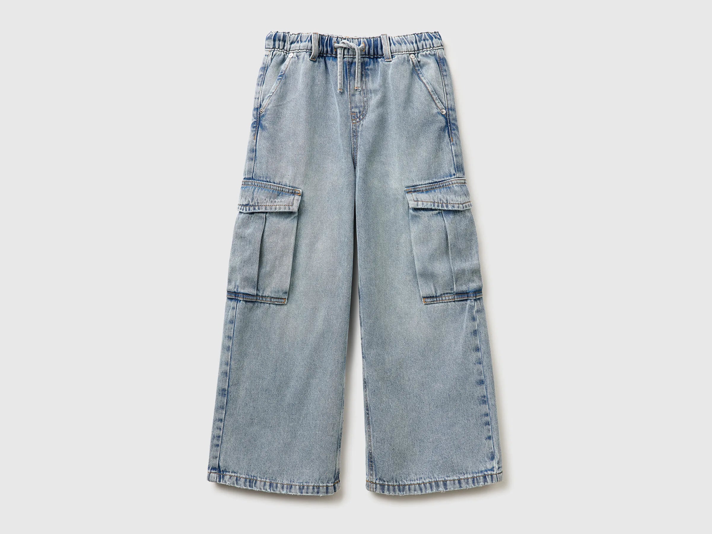 Benetton Sky Blue Girls Wide-Fit Cargo Jeans SKU: 4KEHCF05I_902 Image 01