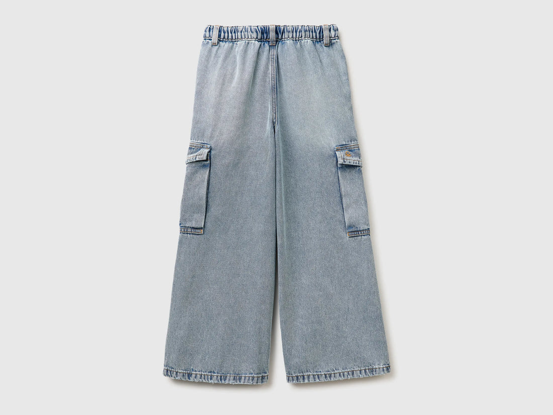 Benetton Sky Blue Girls Wide-Fit Cargo Jeans SKU: 4KEHCF05I_902 Image 02