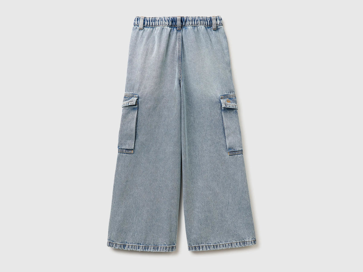 Benetton Sky Blue Girls Wide-Fit Cargo Jeans SKU: 4KEHCF05I_902 Image 02