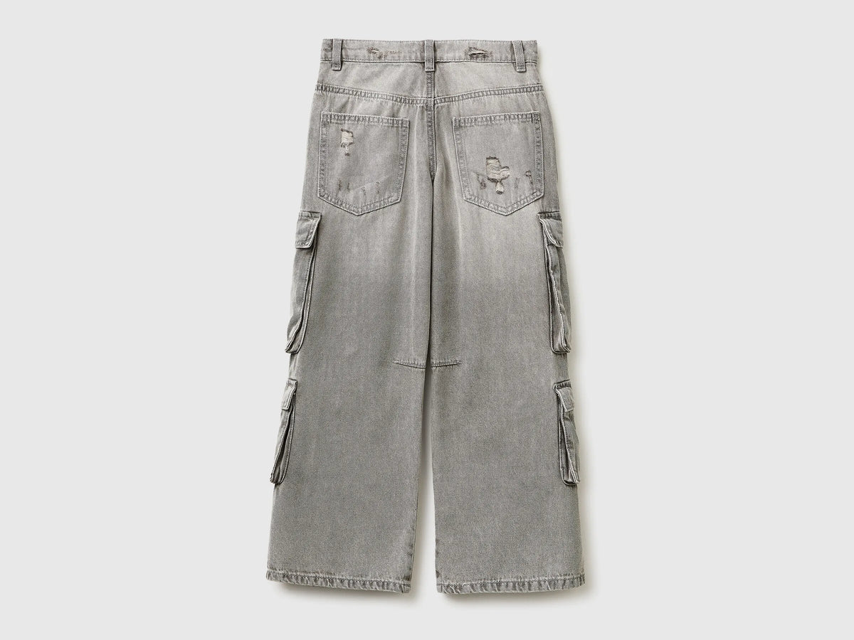 Benetton Light Gray Boys Loose Fit Jeans with Pockets SKU: 4KEHCF05P_701 Image 02