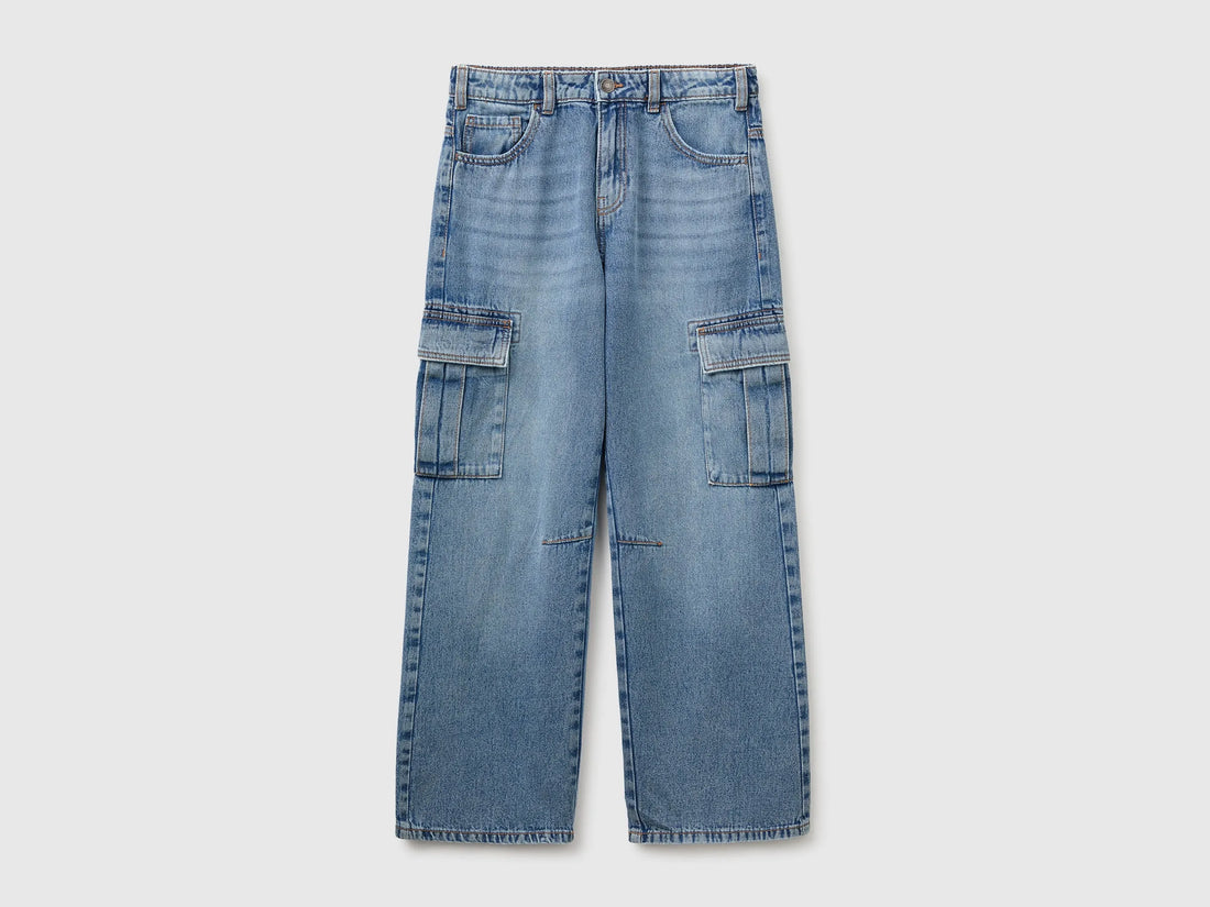 Benetton Light Blue Boys Loose-Fit Cargo Jeans SKU: 4KEHCF061_901 Image 01