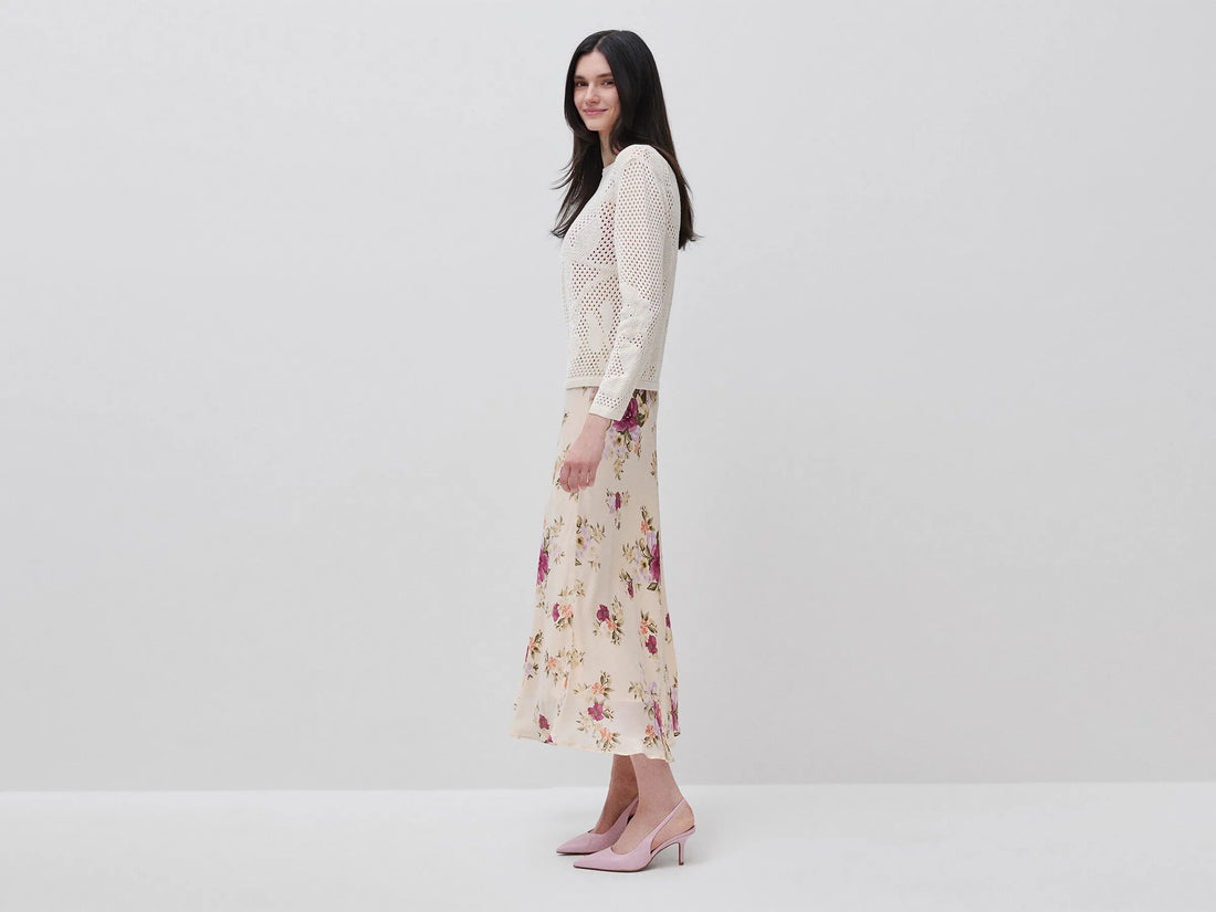 Benetton Creamy White Women Flowing Floral Skirt SKU: 4LKED005S_68P Image 01