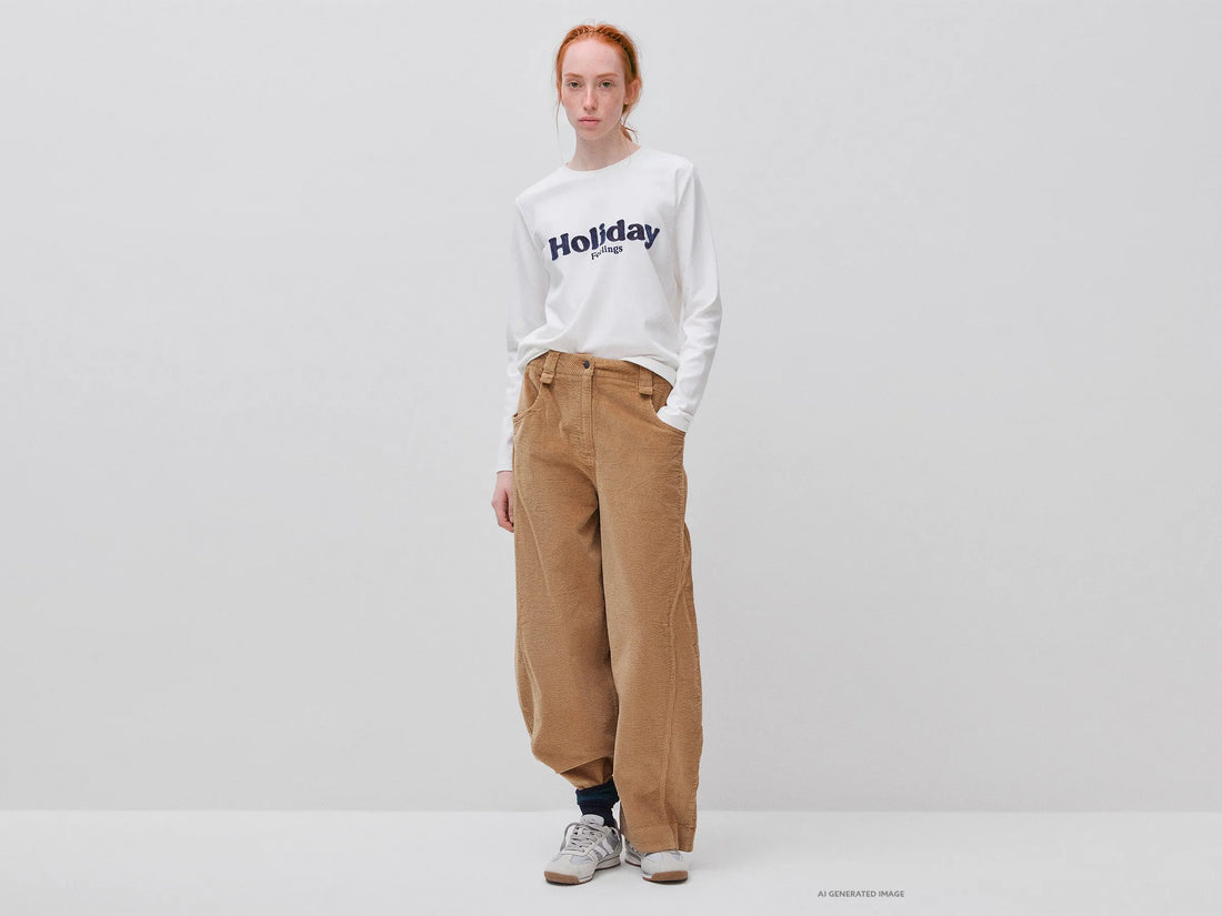 Benetton Camel Women Corduroy Barrel-Fit Trousers SKU: 4OFUDF0CV_34A Image 02