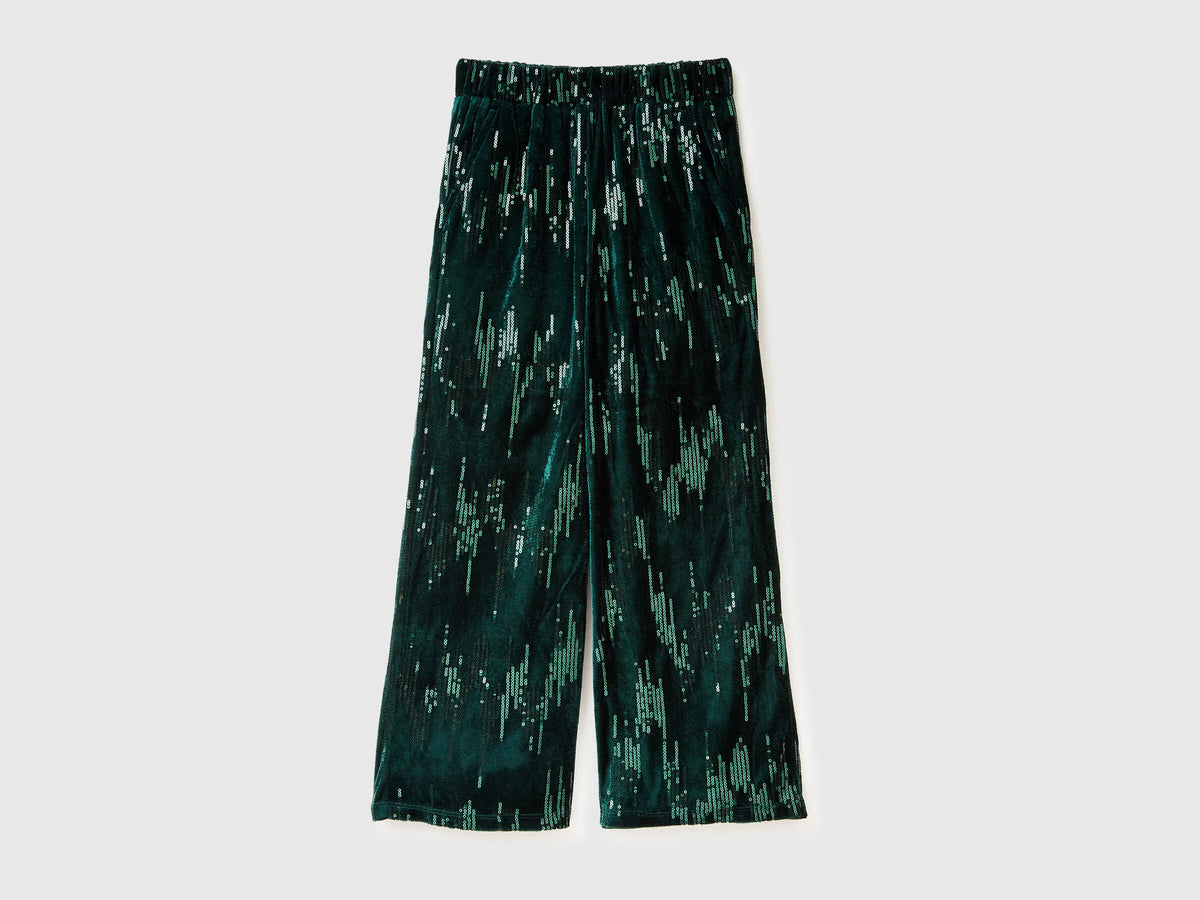 Benetton Dark Green Girls Velvet Palazzo Trousers with Sequins SKU: 4OZGCF05C_901 Image 01