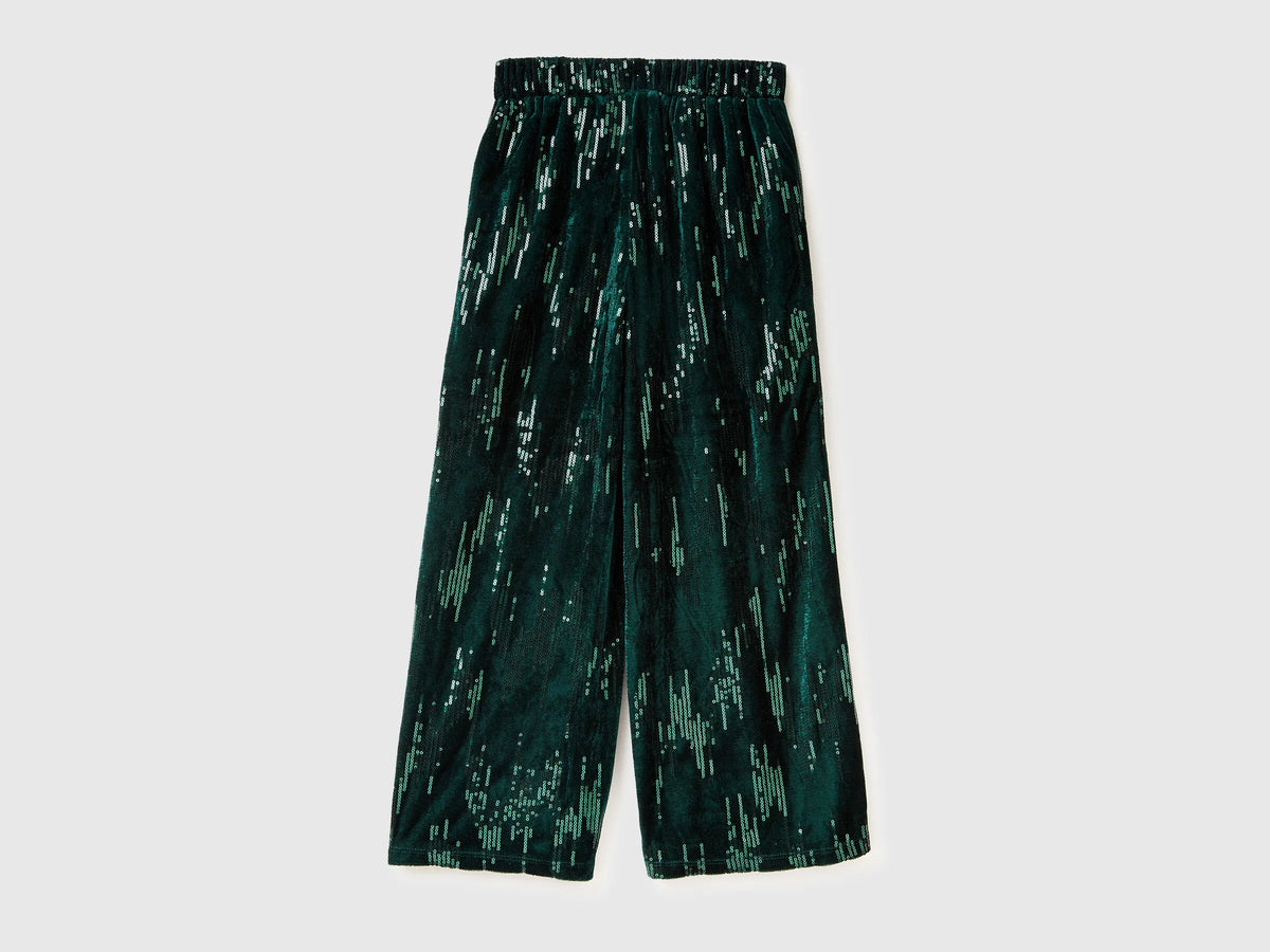 Benetton Dark Green Girls Velvet Palazzo Trousers with Sequins SKU: 4OZGCF05C_901 Image 02