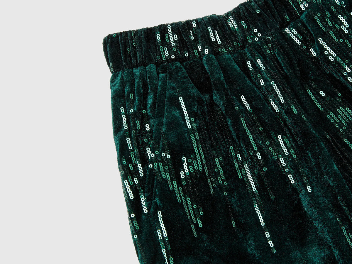 Benetton Dark Green Girls Velvet Palazzo Trousers with Sequins SKU: 4OZGCF05C_901 Image 03