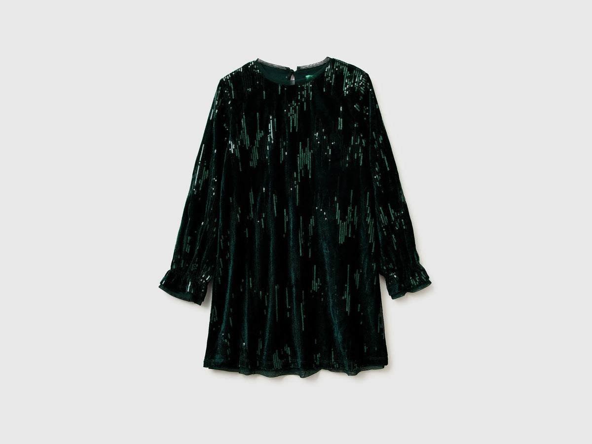 Benetton Dark Green Girls Velvet Dress with Sequins SKU: 4OZGCV03P_901 Image 01