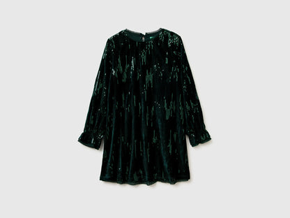 Benetton Dark Green Girls Velvet Dress with Sequins SKU: 4OZGCV03P_901 Image 01